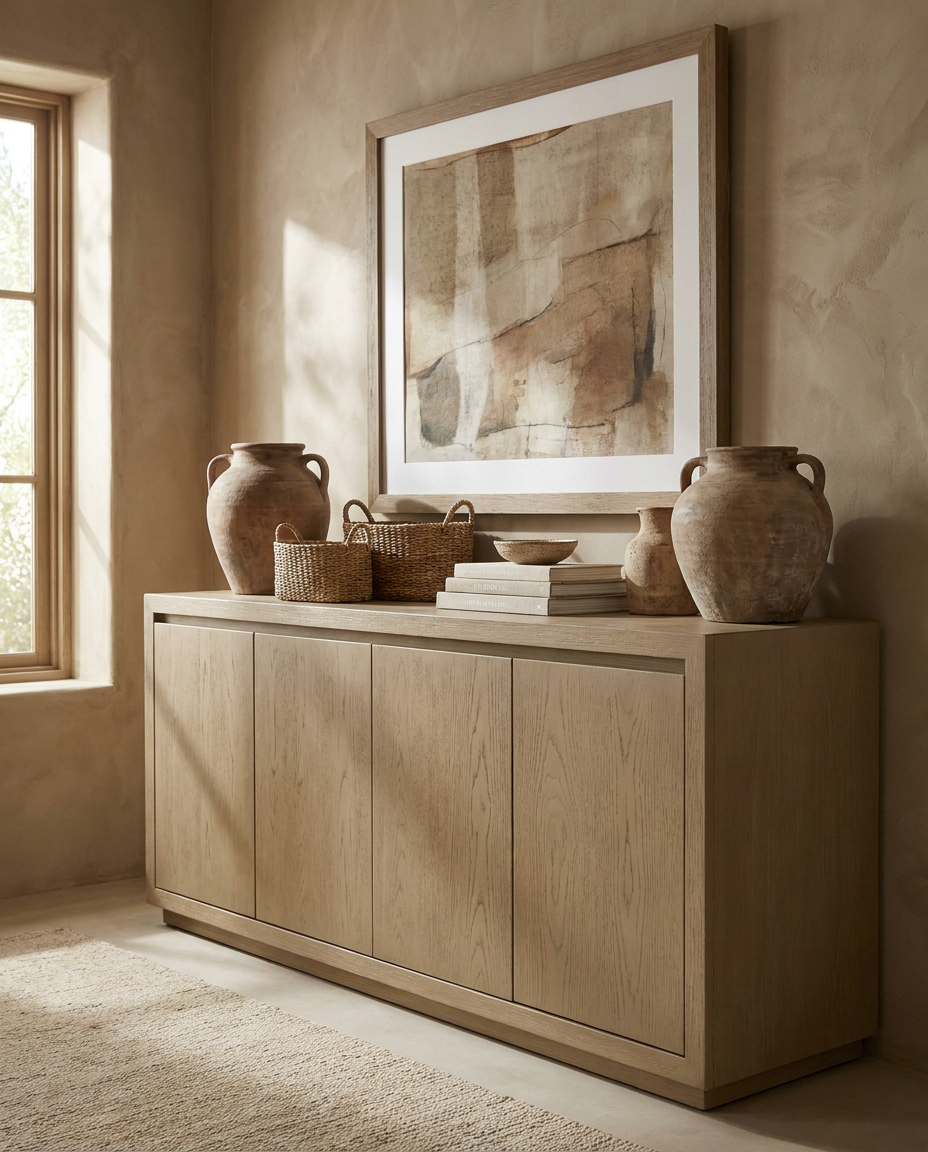 A light natural wood sideboard cabinet in a warm, rustic room, styled with terracotta vases, woven baskets, books, and a large framed abstract print on the wall.