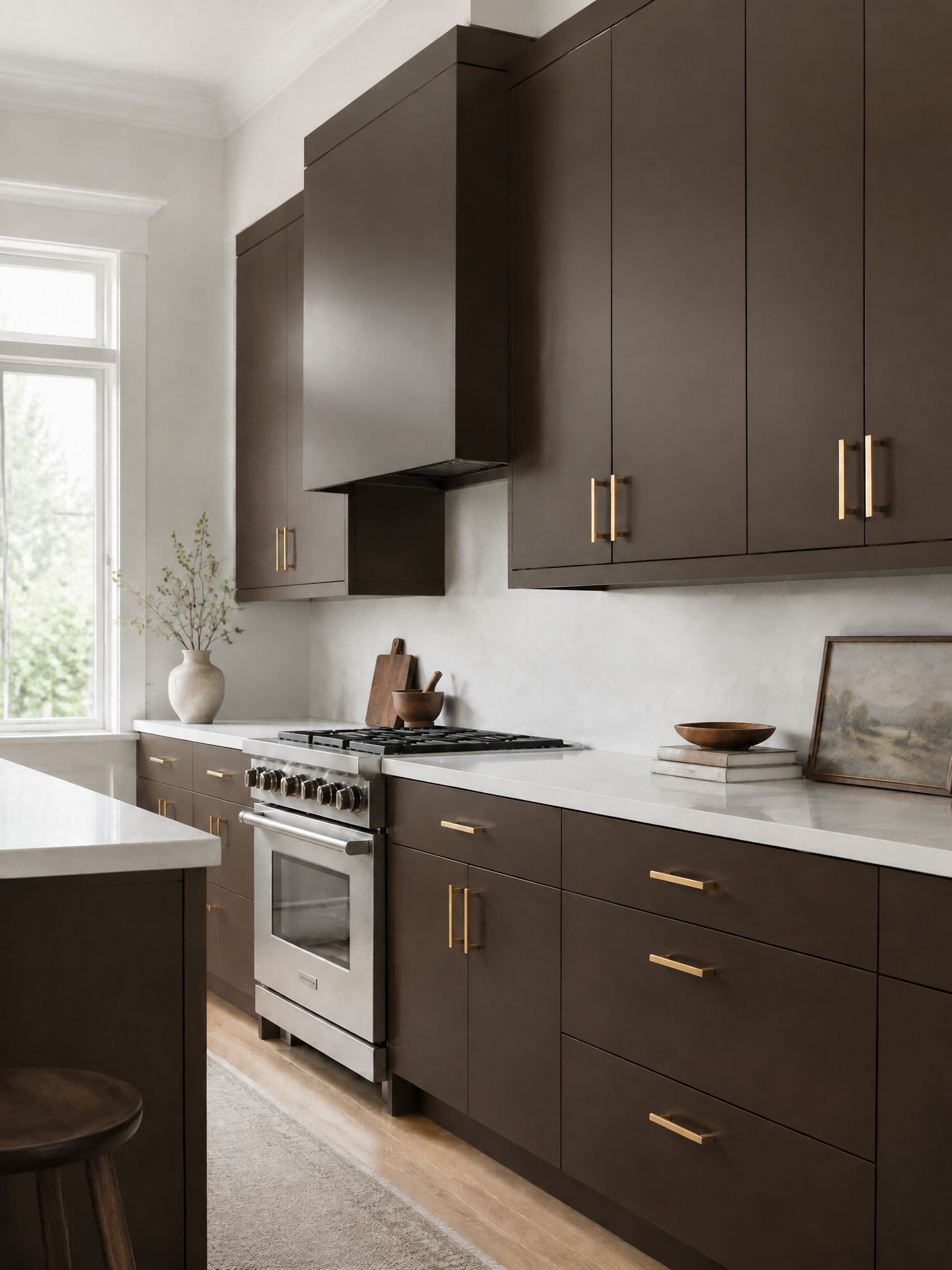 Modern kitchen with dark brown cabinets, brass hardware, white marble countertops, and stainless steel range.