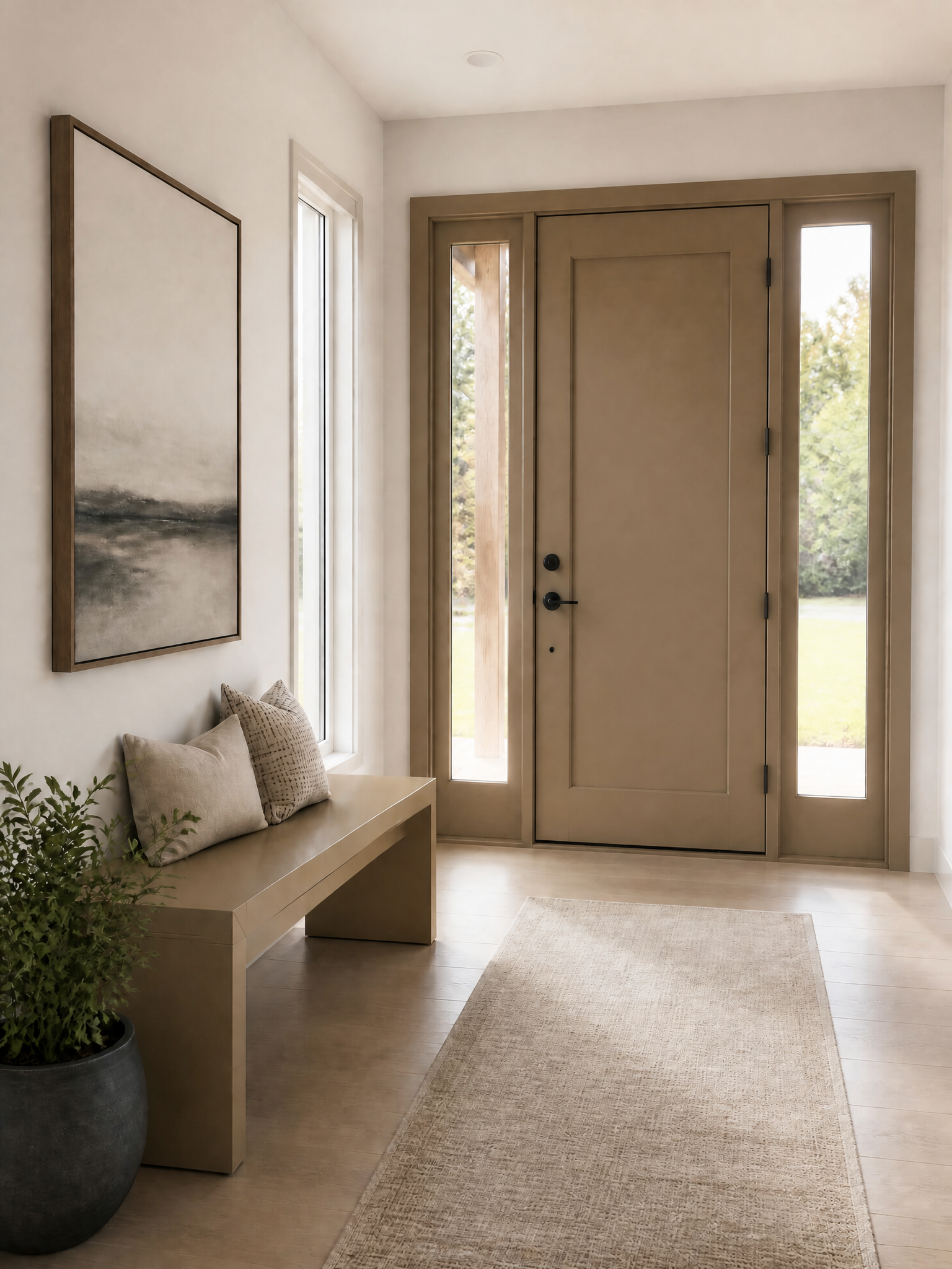 Neutral entryway with a light wood bench and front door.