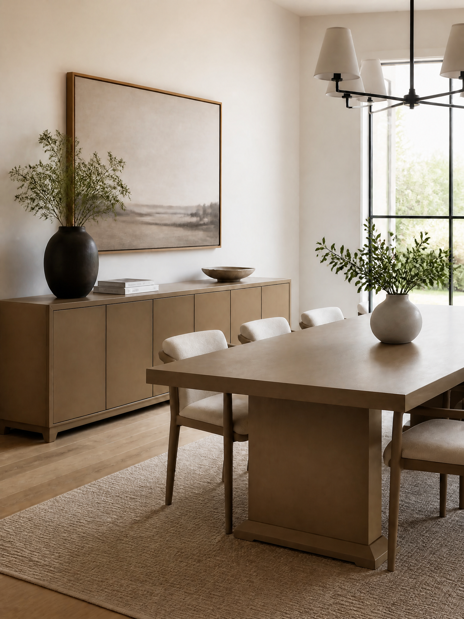 A modern dining room featuring a light wood dining table and chairs, a matching wood sideboard with a large framed landscape print, and neutral-toned decor.