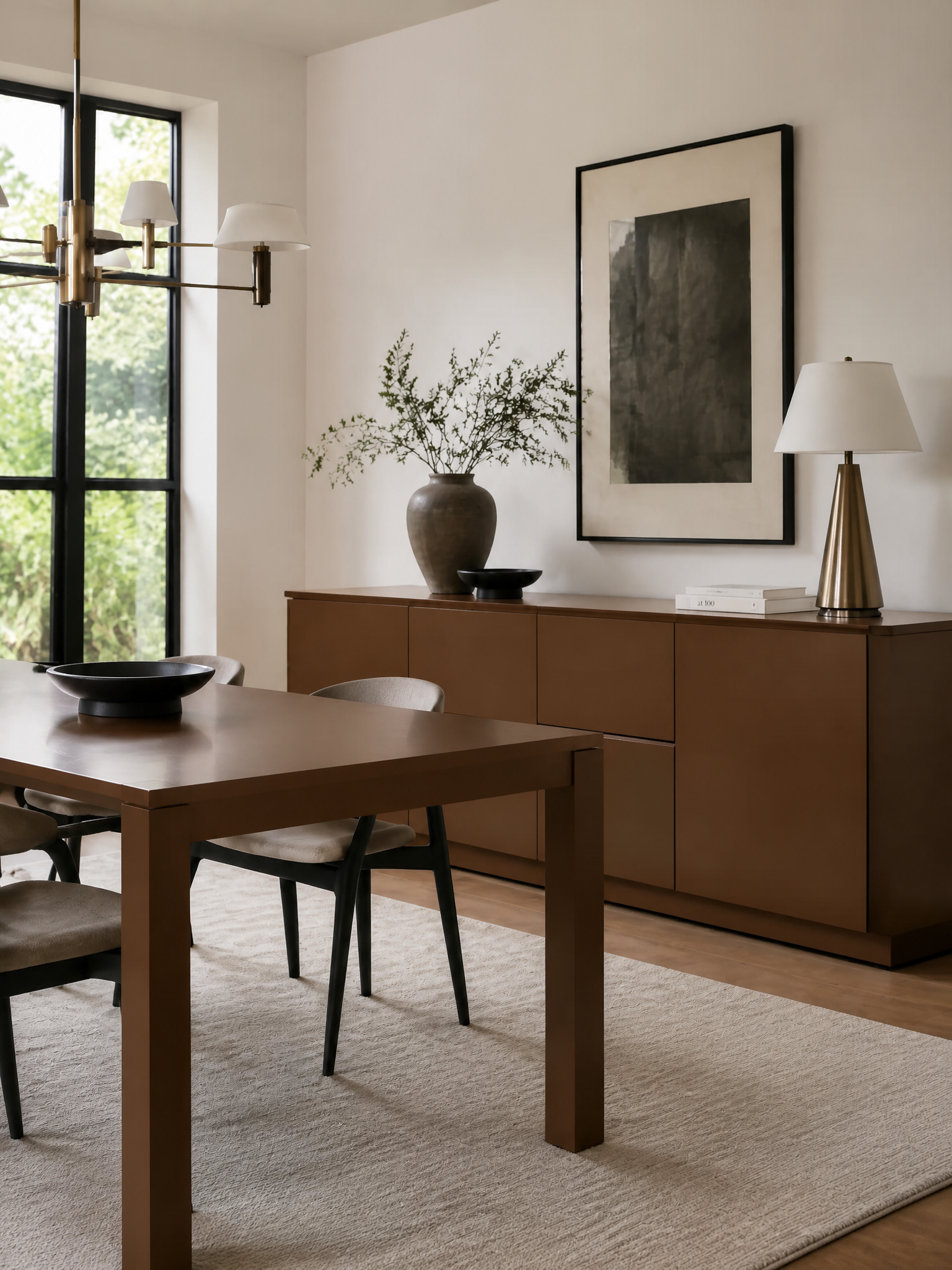 Contemporary dining room with a dark wood table, matching sideboard, neutral chairs, and brass-accented lighting.
