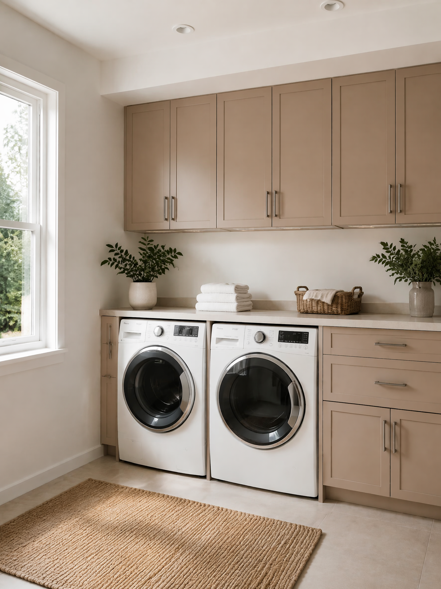A bright, modern laundry room featuring a pair of white front-loading washing machines under beige cabinets, with a woven jute rug on the floor and small potted plants.