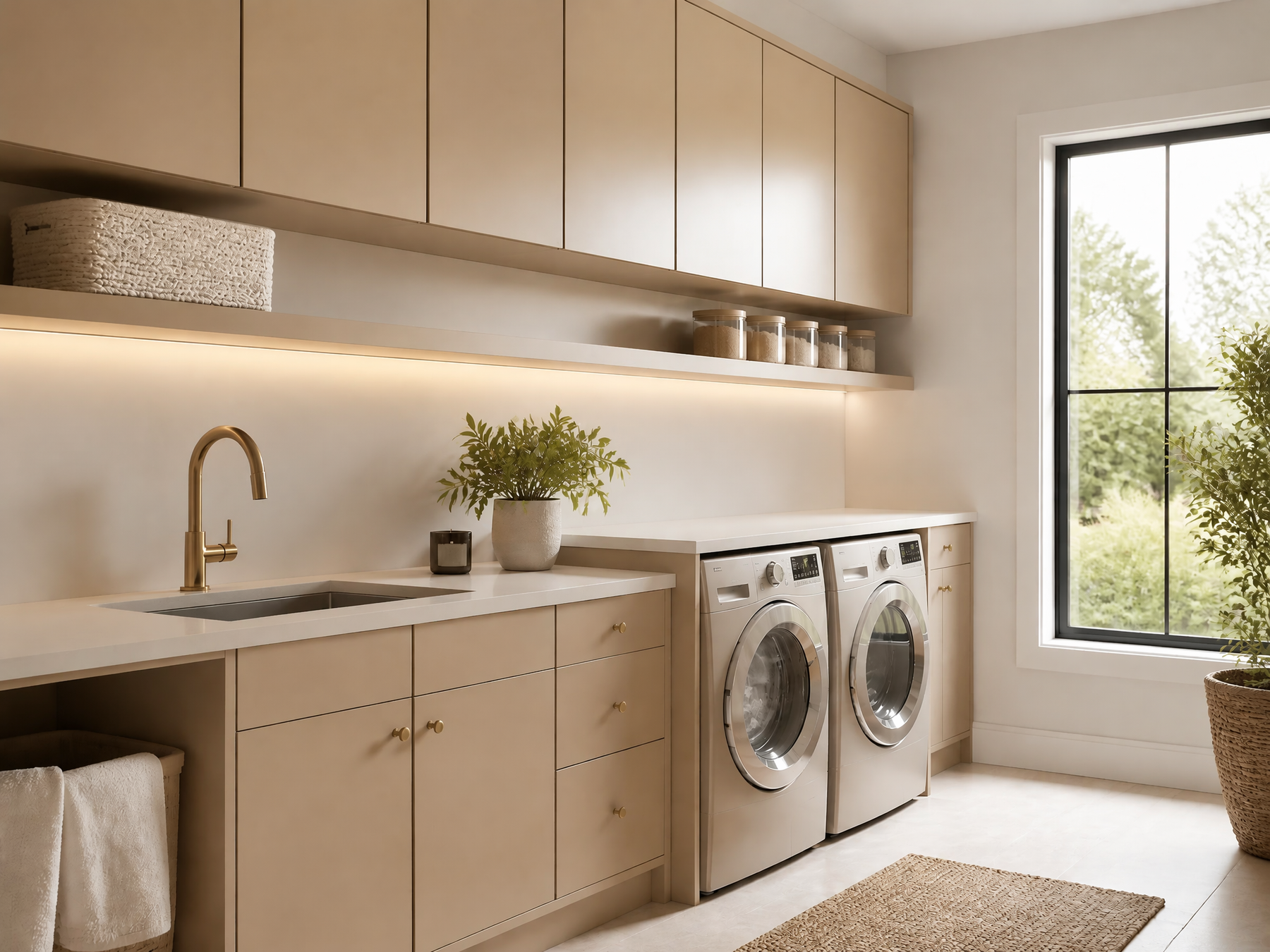 Neutral laundry room with light wood cabinetry and gold accents.
