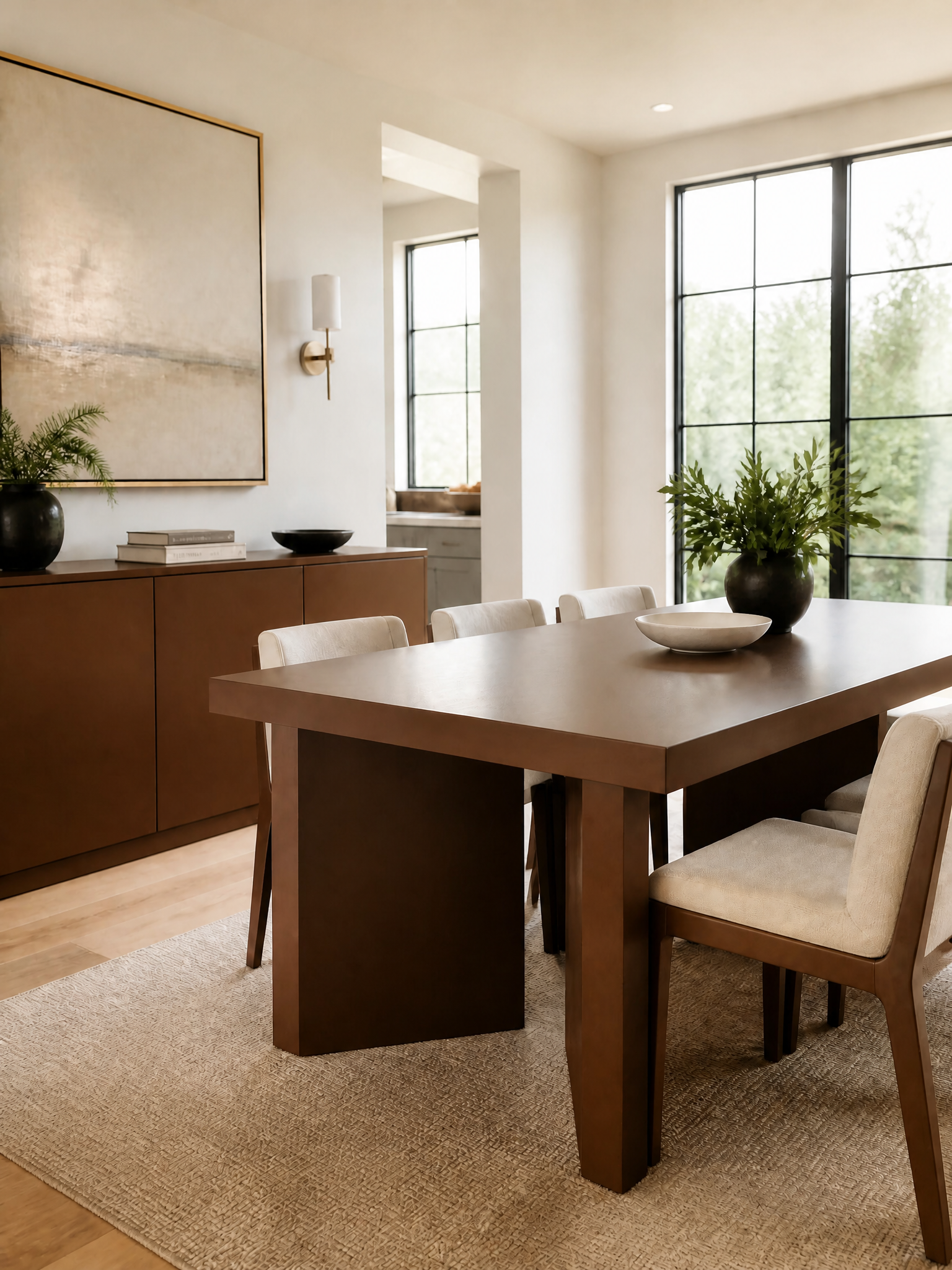 A modern dining room featuring a dark brown rectangular wooden dining table with six upholstered chairs in a neutral beige tone, set on a textured light beige rug. The room has warm off-white walls, a large framed abstract painting, a matching wooden sideboard, and tall black-framed windows.