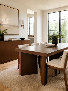 A modern dining room featuring a dark brown rectangular wooden dining table with six upholstered chairs in a neutral beige tone, set on a textured light beige rug. The room has warm off-white walls, a large framed abstract painting, a matching wooden sideboard, and tall black-framed windows.