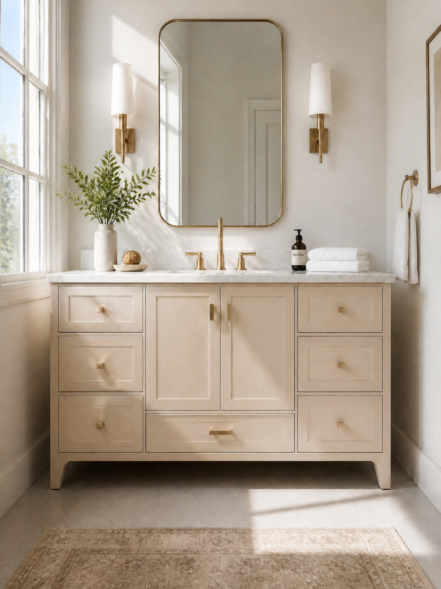 Neutral bathroom vanity with light cabinetry and gold accents.