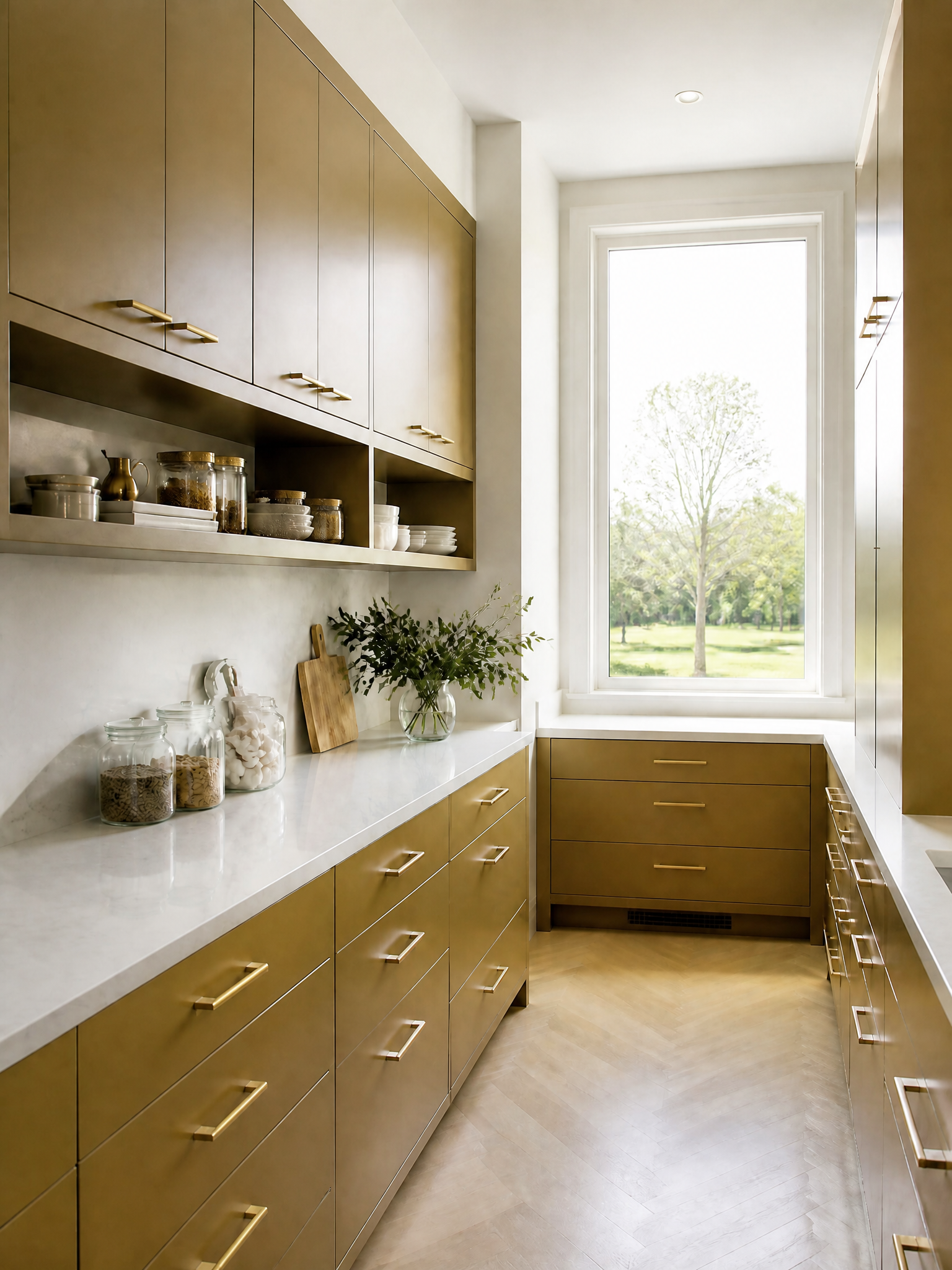 Sunlit galley kitchen with gold cabinets, brass hardware, white countertops, and open shelving.