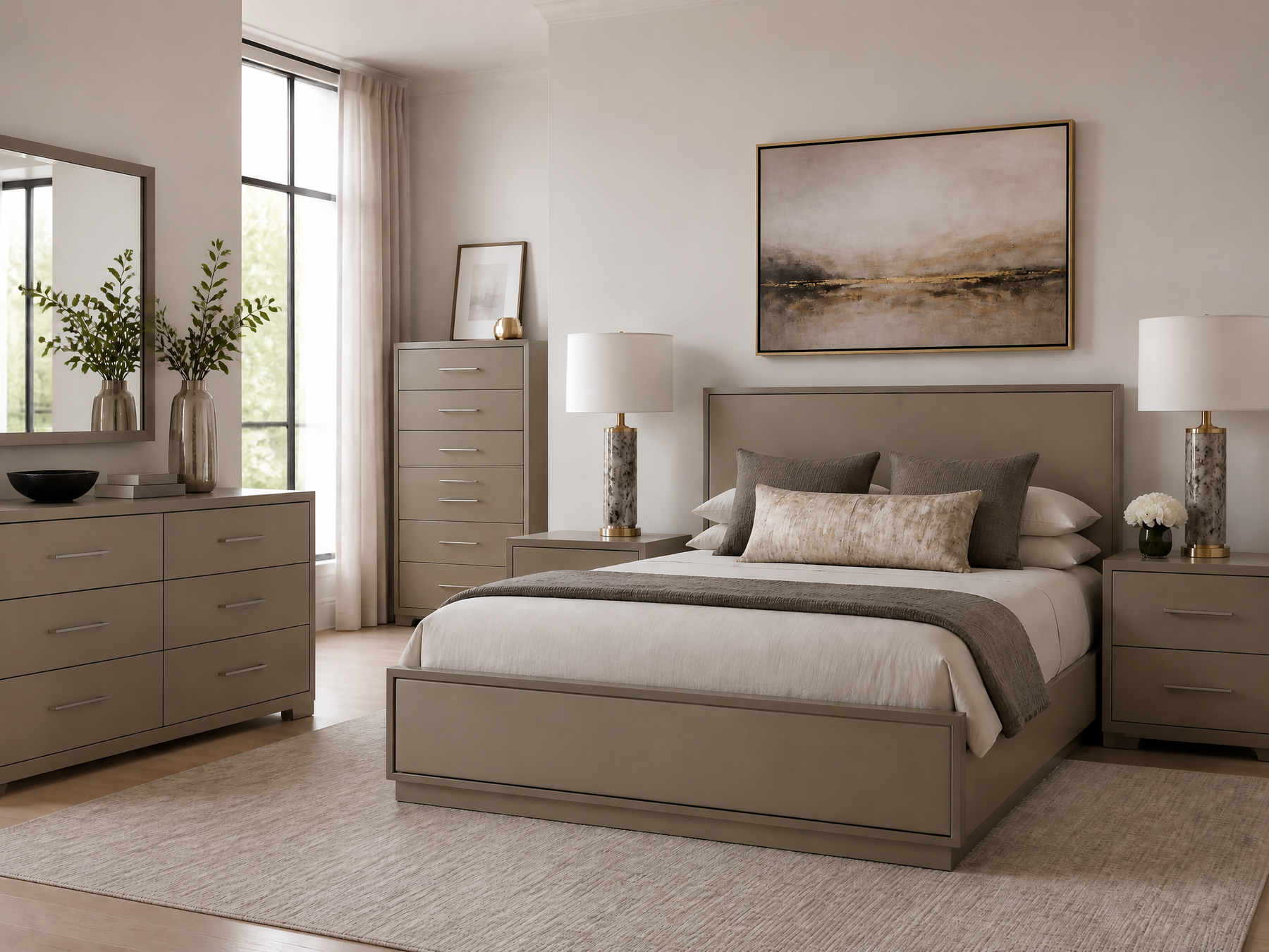 A staged bedroom featuring a taupe upholstered bed frame with matching nightstands, dresser, and chest of drawers, styled with neutral bedding, lamps, artwork, and a large window.