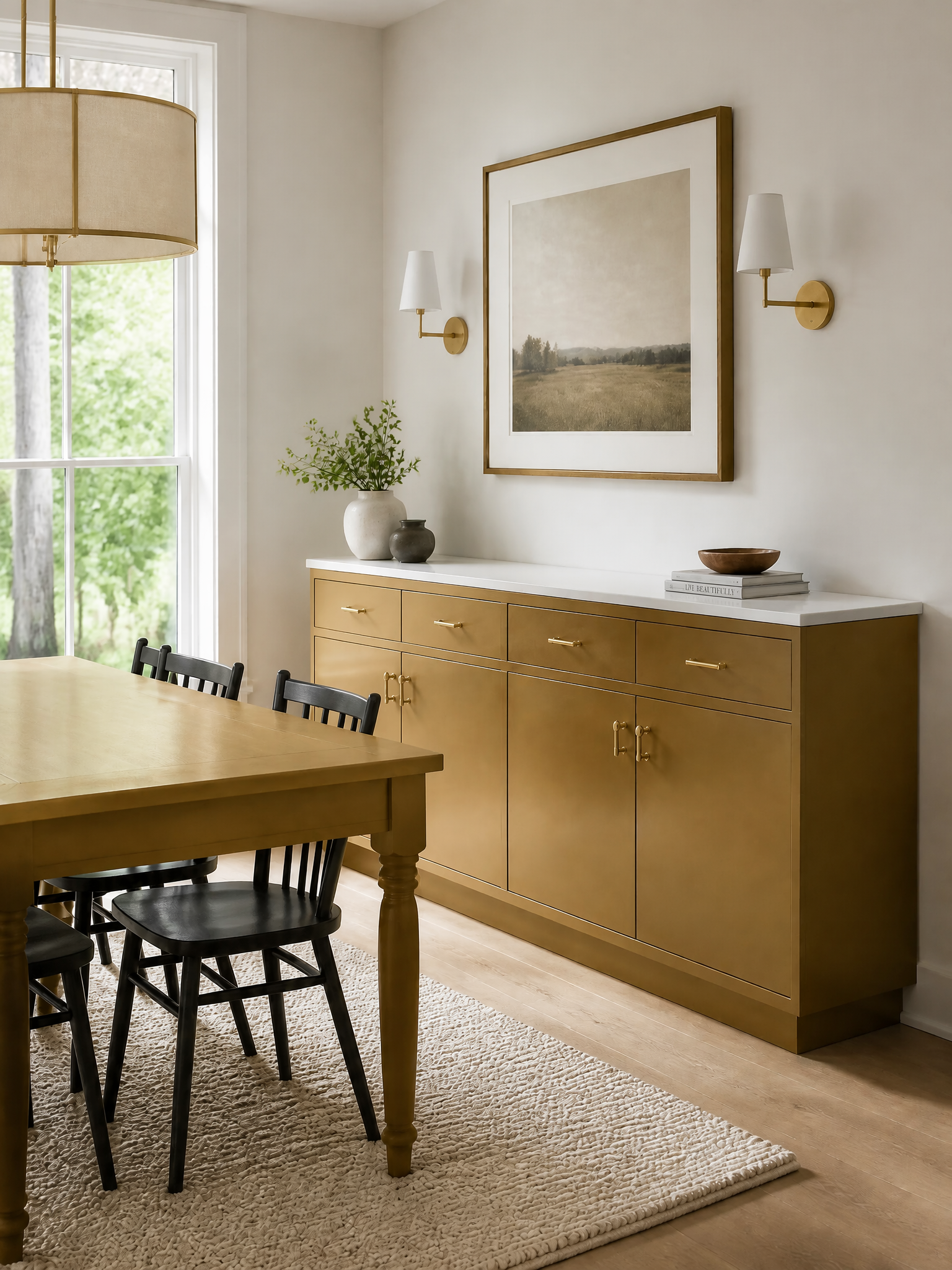 A warm mustard-gold sideboard cabinet with a white marble-look top, styled in a dining room next to a wooden dining table and chairs, under a framed landscape print and gold wall sconces.