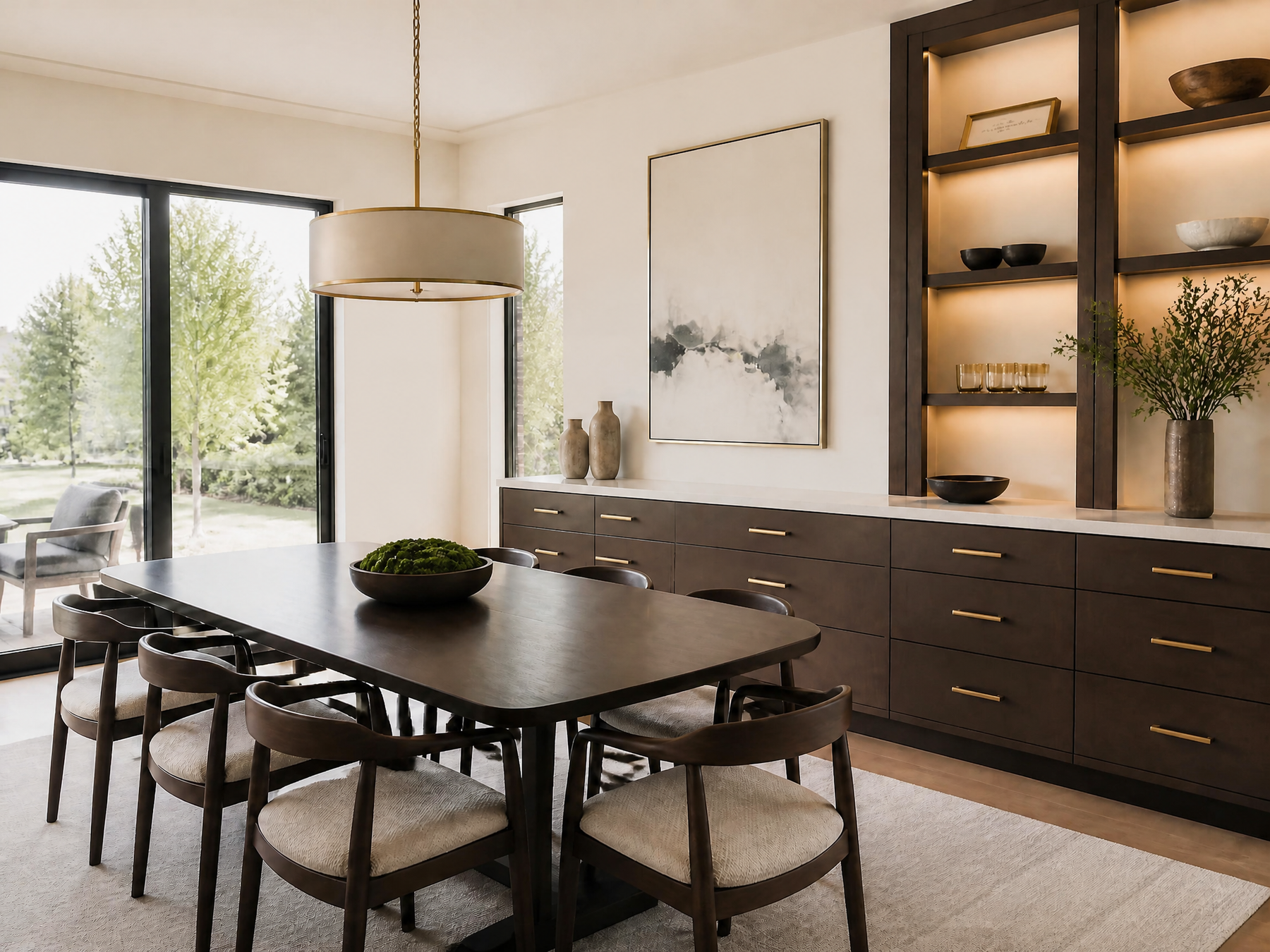A modern dining room featuring a dark wood rectangular table with six upholstered chairs, a large drum pendant light, and a matching dark wood hutch with gold handles and built-in shelving.