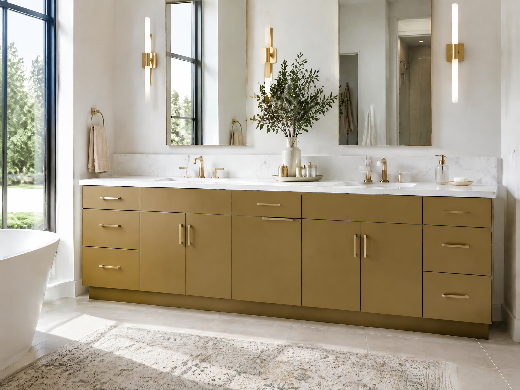 A modern double-sink bathroom vanity in a warm mustard-gold finish with a white marble countertop, set in a bright bathroom with large mirrors, gold wall sconces, and a freestanding bathtub nearby.
