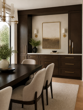 Elegant dining room with dark brown built-in cabinets, brass hardware, upholstered chairs, and a black dining table.