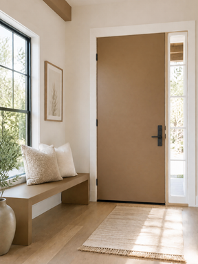 A modern interior entryway with a warm taupe-brown front door, a built-in wooden bench with white pillows by a window, light wood flooring, and a woven rug.