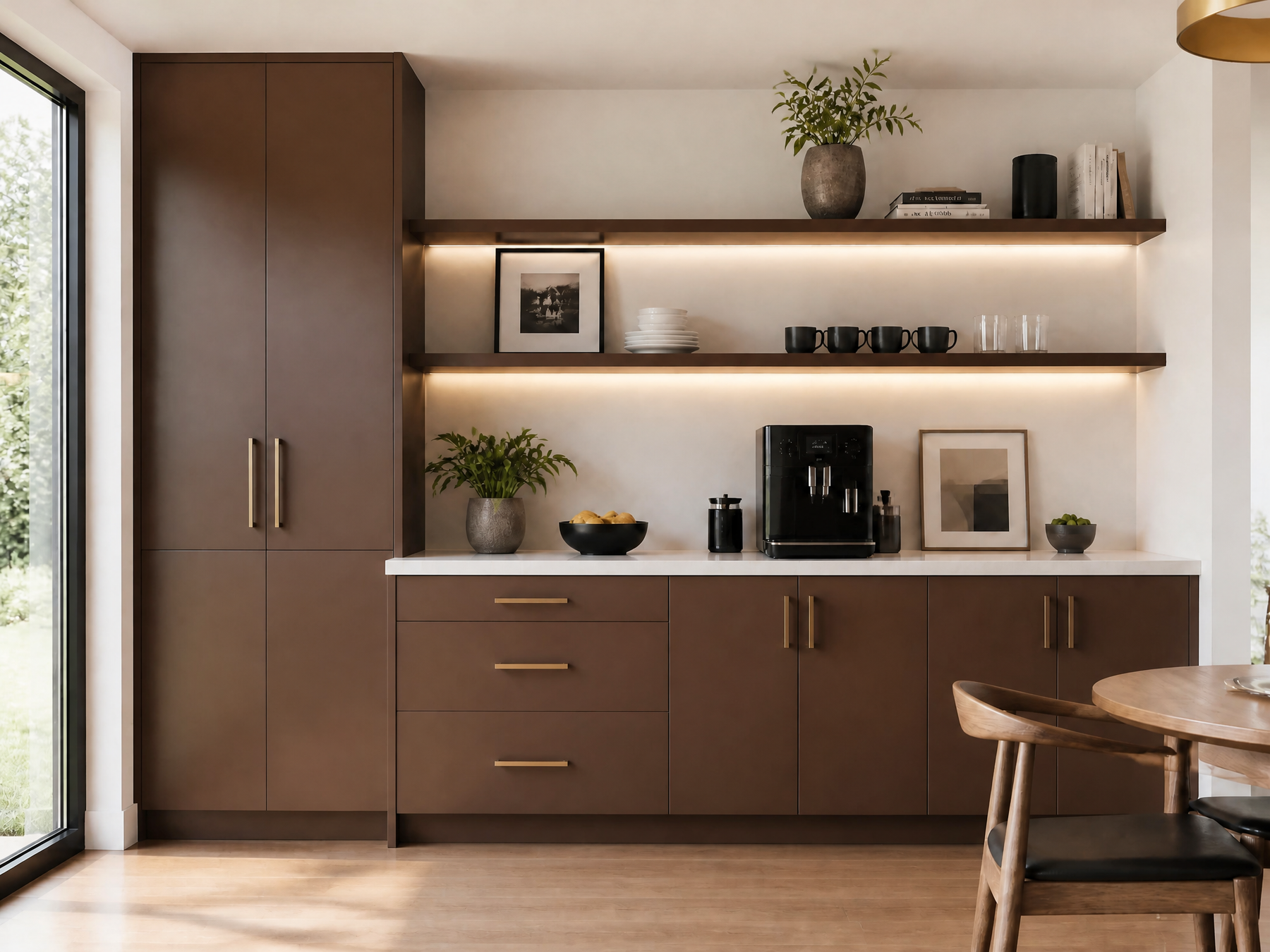 Dark brown kitchen coffee bar with brass hardware, illuminated open shelves, white countertop, and espresso machine.