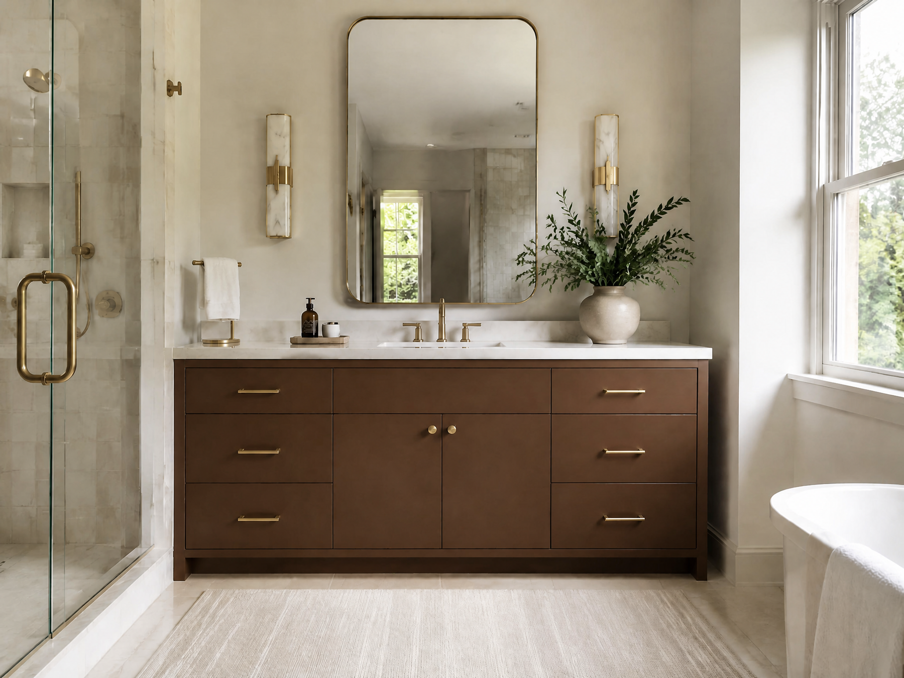 A modern bathroom vanity featuring a dark brown wood cabinet with gold handles, a white countertop, a large rectangular mirror, and a vase of greenery, set in a bright bathroom with a glass shower enclosure.