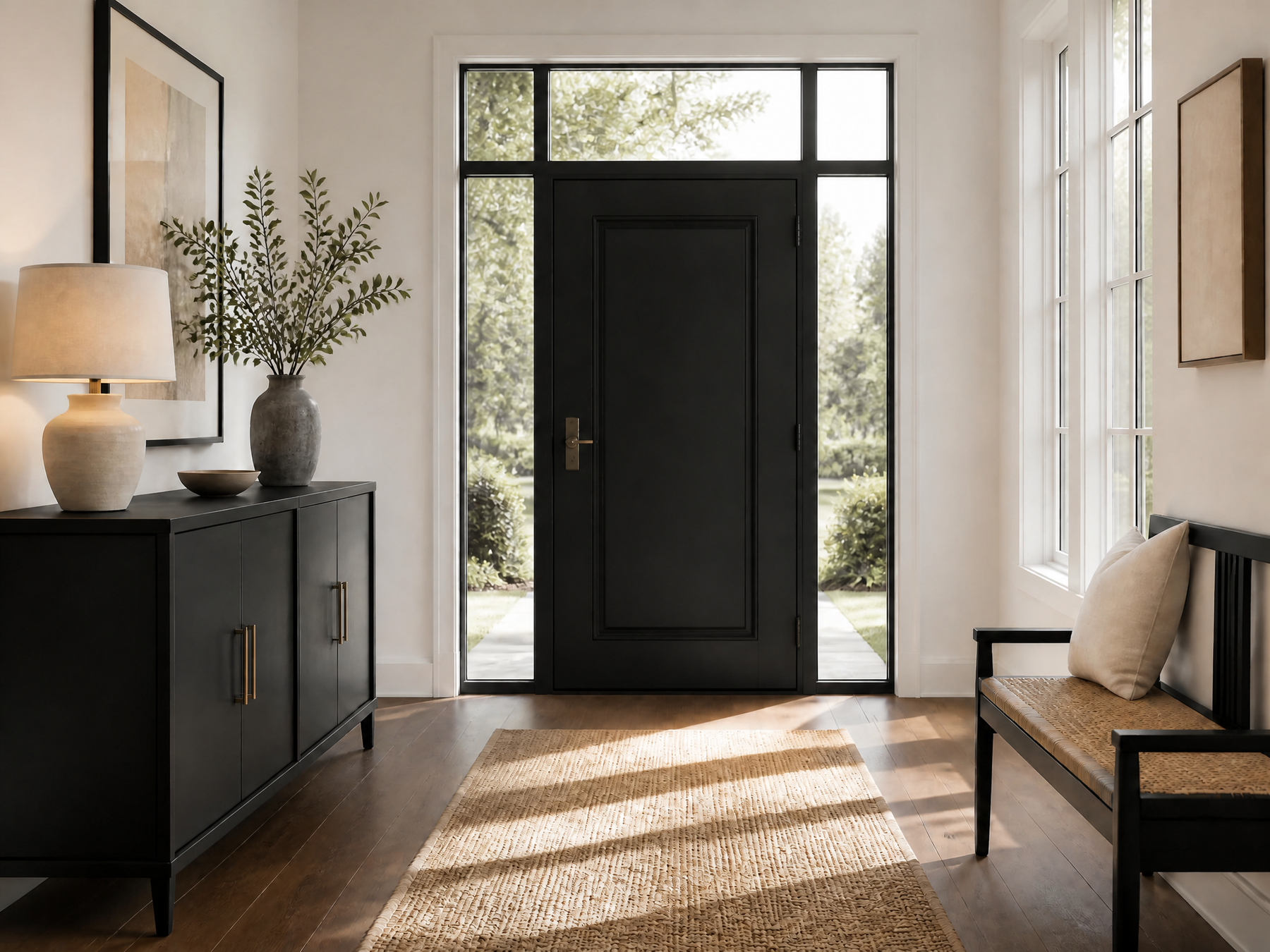 A modern black front door with a tall multi-pane transom and sidelight, set in a bright entryway with hardwood floors, a woven rug, a dark wood sideboard, and a bench with a cream pillow.