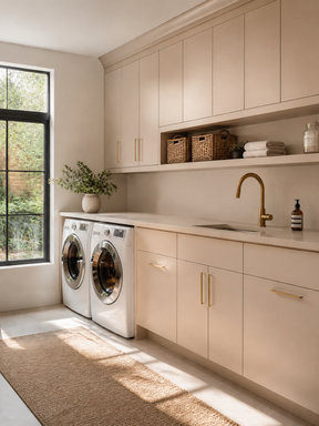A modern laundry room featuring cream-colored cabinets, a matching countertop, a gold faucet, and a pair of white front-loading washing machines beside a window.
