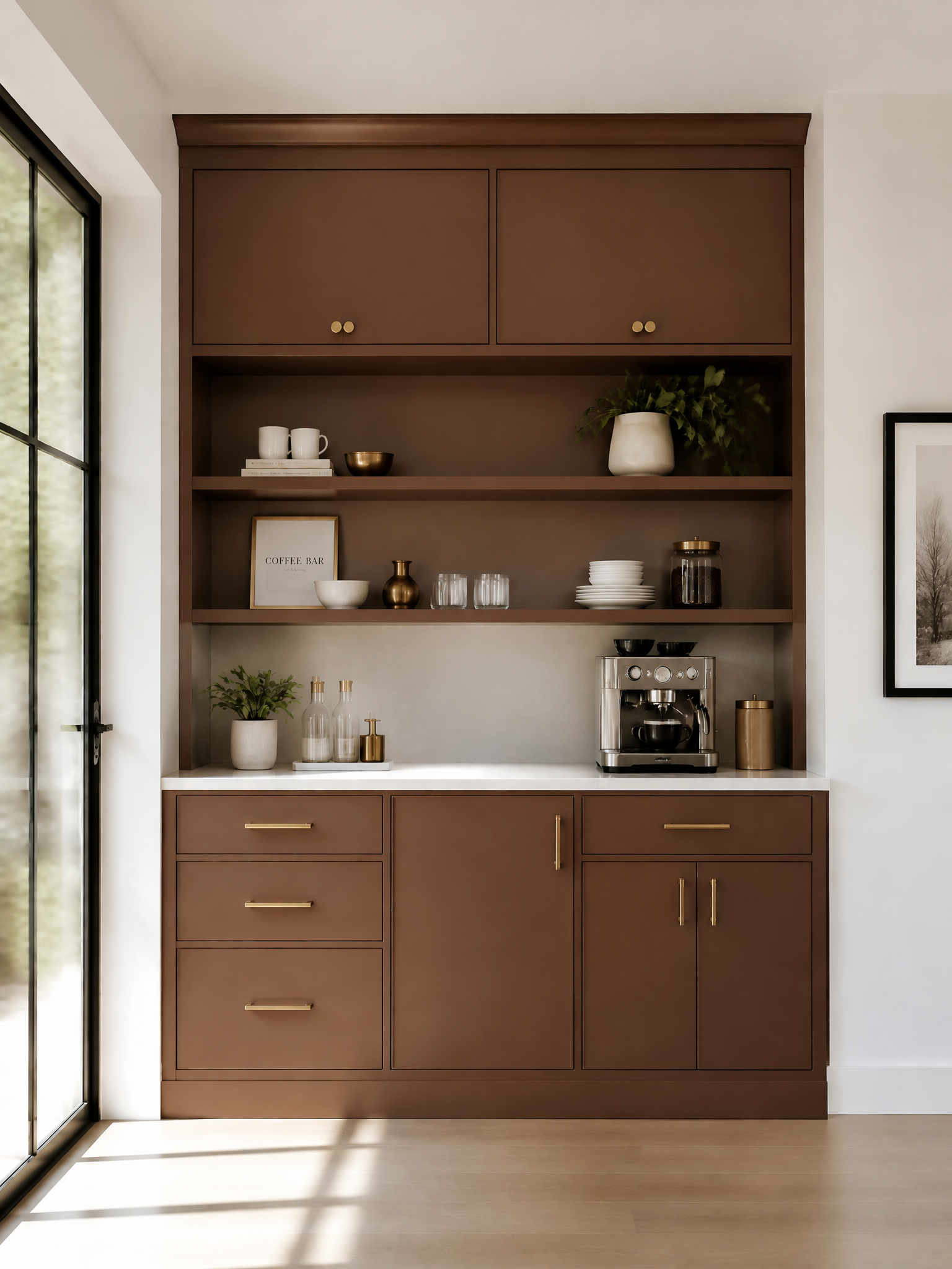 A tall built-in kitchen cabinet unit in warm medium brown wood, featuring upper and lower cabinets, open shelves, a white countertop, and brass-toned handles. The cabinet is styled with kitchenware, plants, and a coffee machine, set against a white wall with a window and framed art nearby.