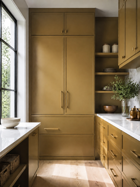 A modern kitchen interior featuring warm olive-gold cabinetry, white marble countertops, a large window with black framing, and light wood flooring.