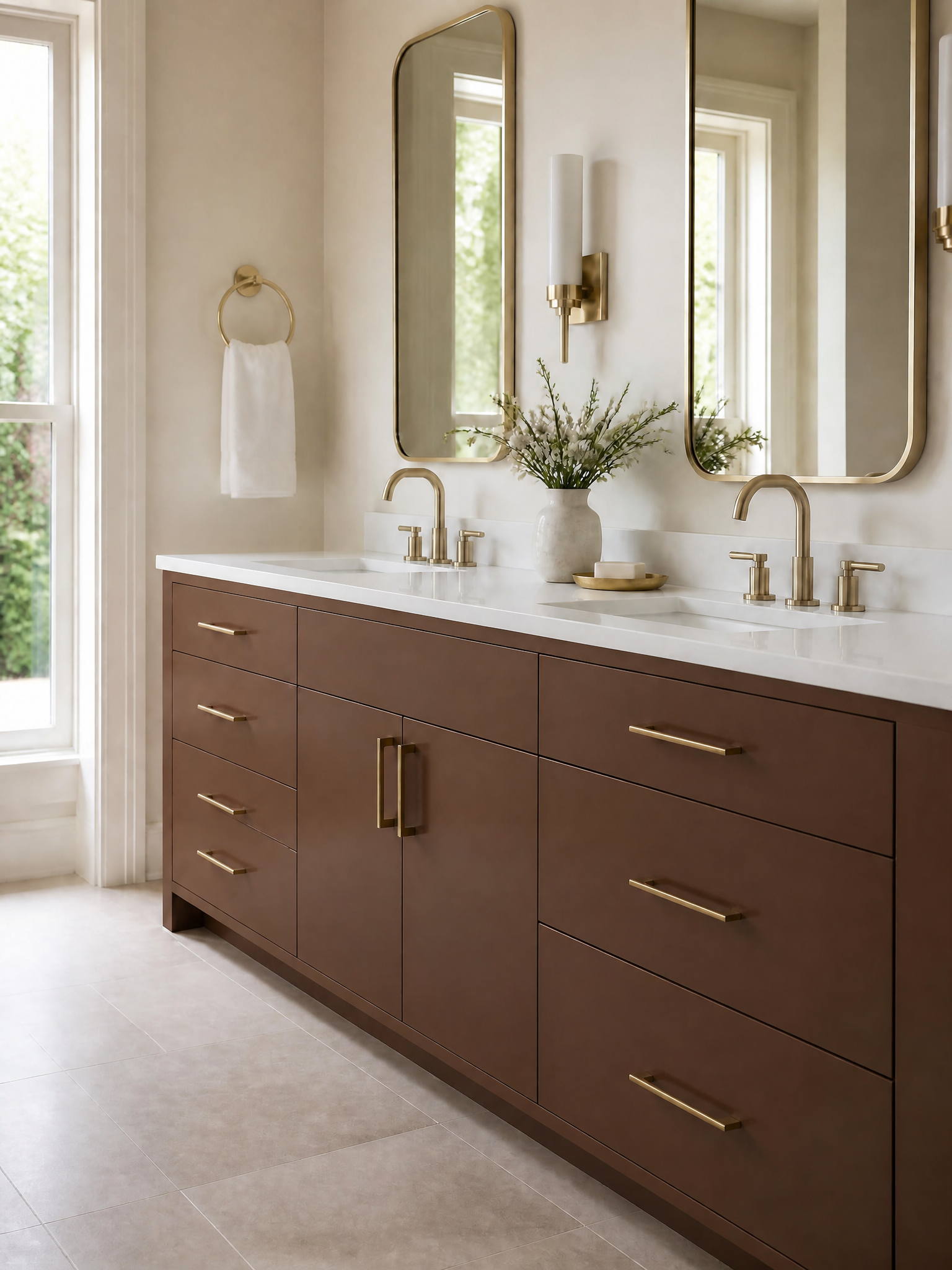 Double bathroom vanity with warm brown cabinets, brass hardware, white countertop, and gold-framed mirrors.