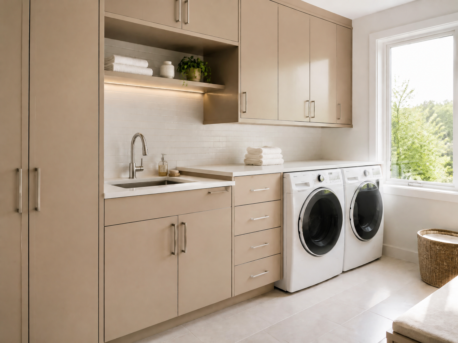 Neutral laundry room with light wood cabinetry and stainless washer and dryer.