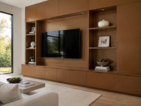 A modern living room featuring a large, custom-built wooden entertainment wall with open shelves and storage cabinets. A black flat-screen TV is mounted in the center, flanked by decorative white ceramic vases, framed art, and books.