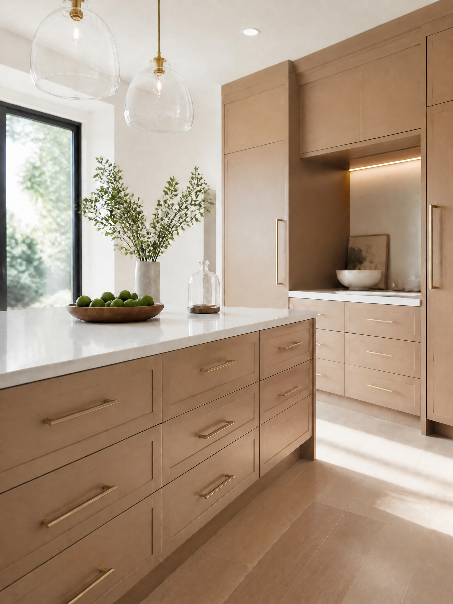 Neutral kitchen with light wood cabinetry, white countertops, and brass accents.