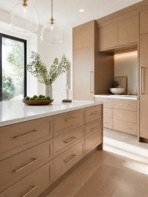 Neutral kitchen with light wood cabinetry, white countertops, and brass accents.