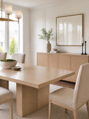 Neutral dining room with a light wood table and sideboard.
