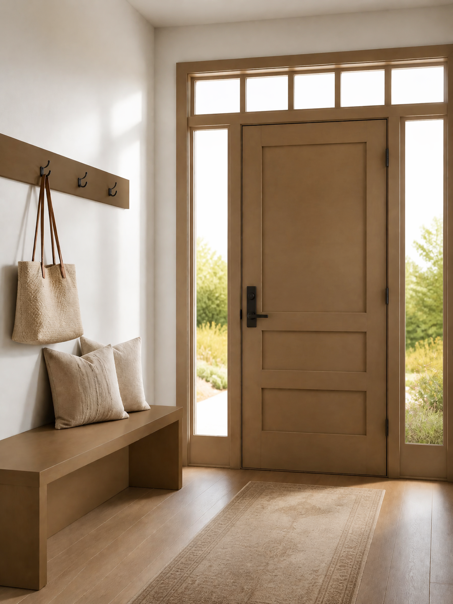 Entryway with a wood bench, wall hooks, throw pillows, and a paneled front door with sidelights.