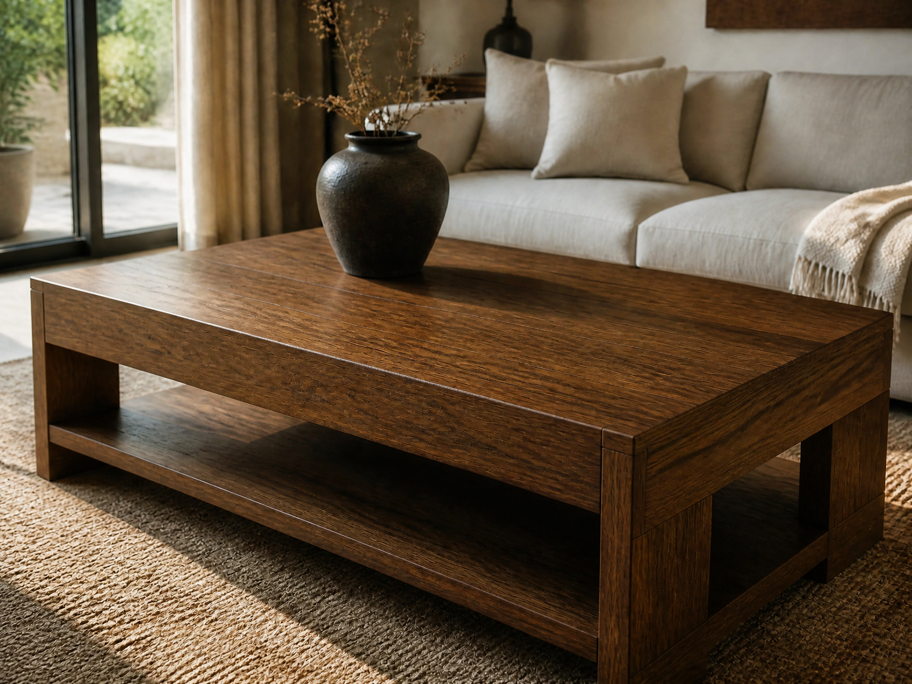 Dark stained wood coffee table with lower shelf and ceramic vase in a warm neutral living room.