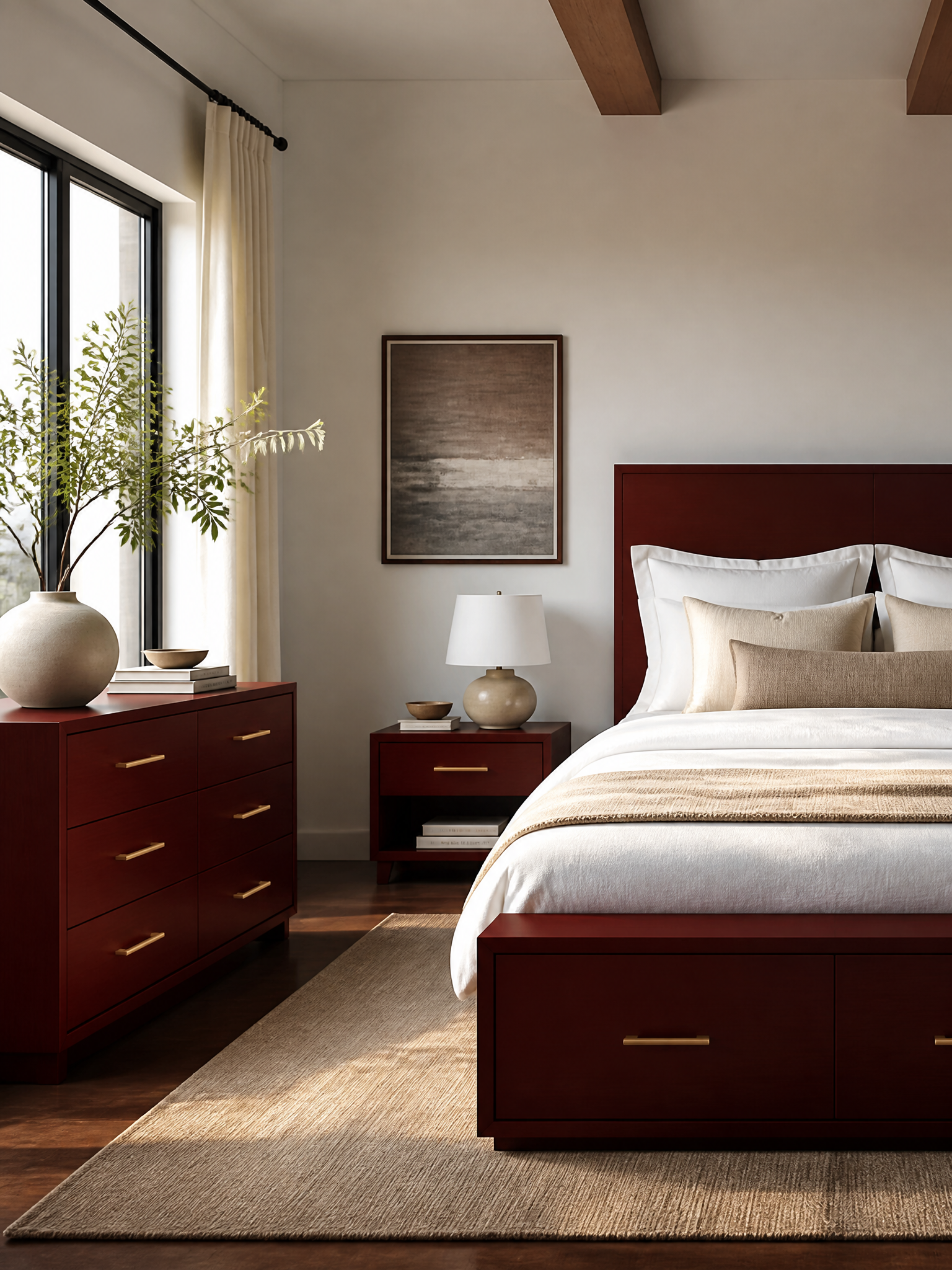 A styled bedroom interior featuring a dark reddish-brown wooden bed frame with storage drawers, a matching chest of drawers, a nightstand, and a beige rug in a neutral-toned room.