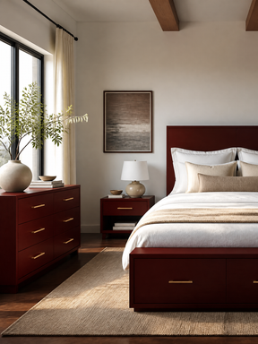 A styled bedroom interior featuring a dark reddish-brown wooden bed frame with storage drawers, a matching chest of drawers, a nightstand, and a beige rug in a neutral-toned room.