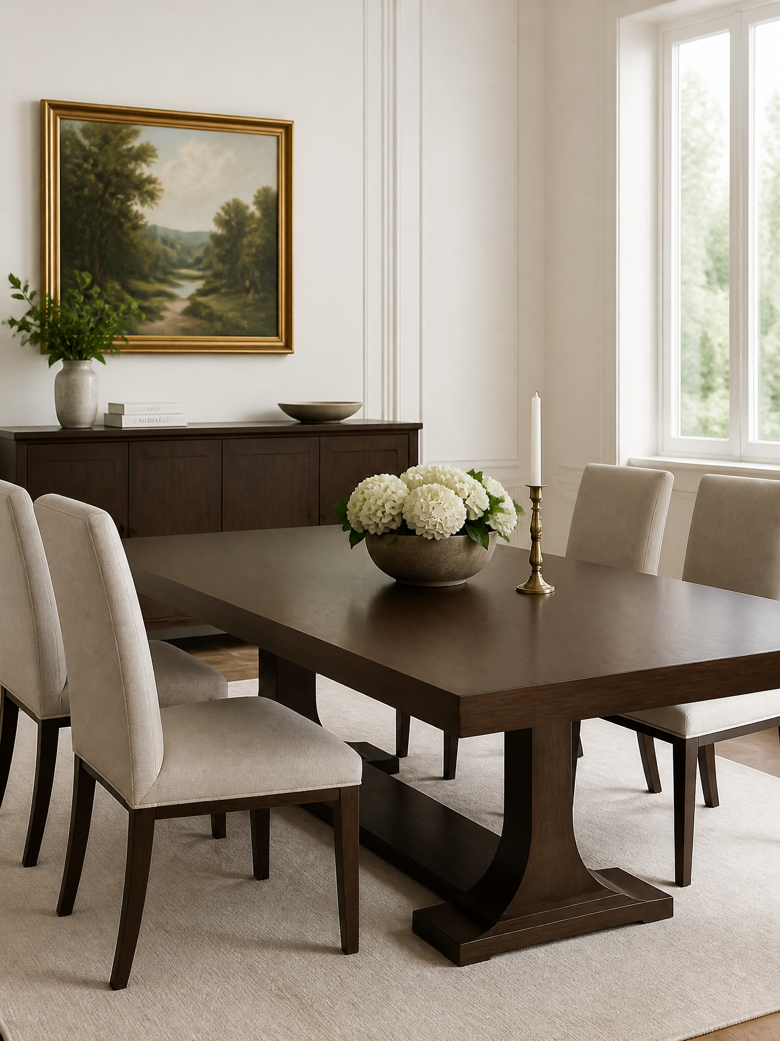 Elegant dining room with dark wood table and sideboard, upholstered chairs, white hydrangeas, and landscape artwork.