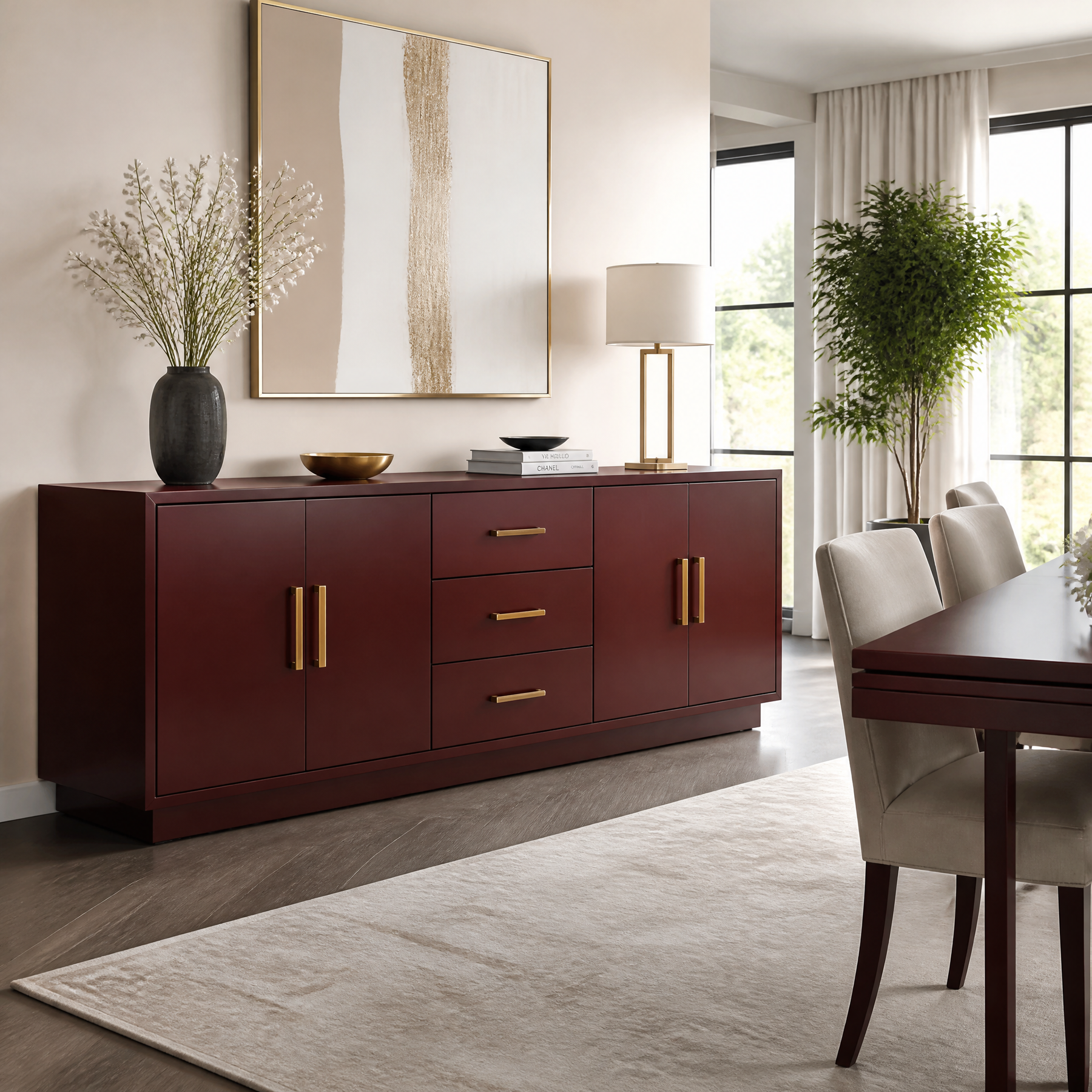 A dark reddish-brown wooden sideboard or credenza with gold-tone handles, styled in a modern dining room setting with a lamp, vase, and wall art.