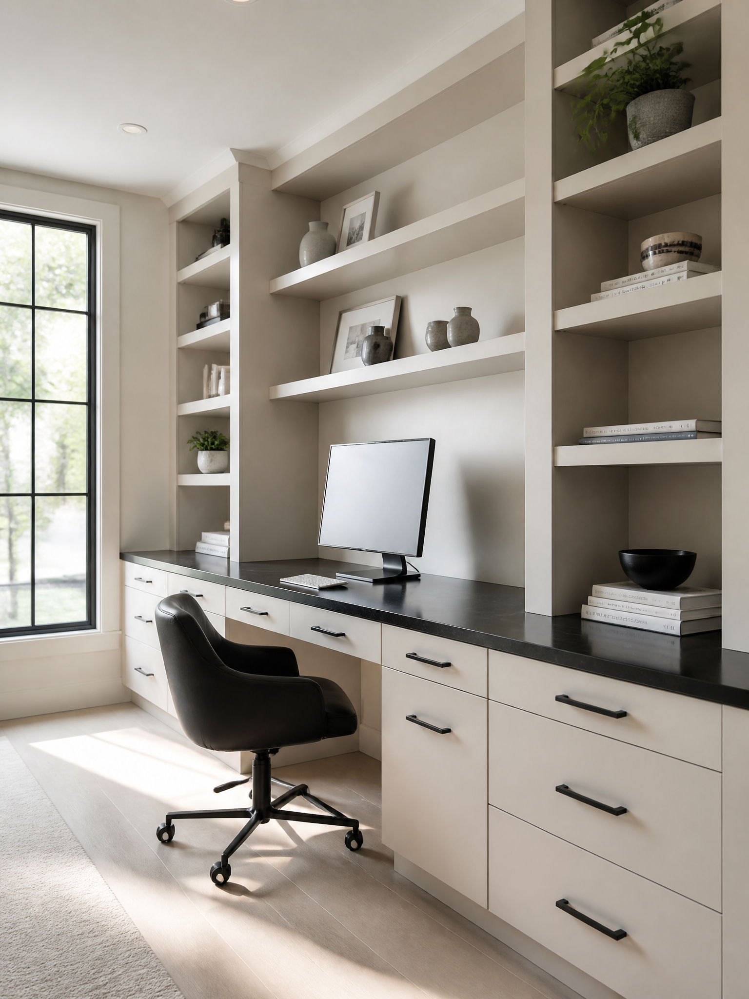 Bright home office with cream built-in shelving and cabinets, black countertop and hardware, computer desk, and black swivel chair.