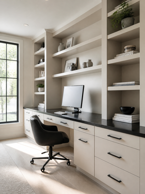 Bright home office with cream built-in shelving and cabinets, black countertop and hardware, computer desk, and black swivel chair.