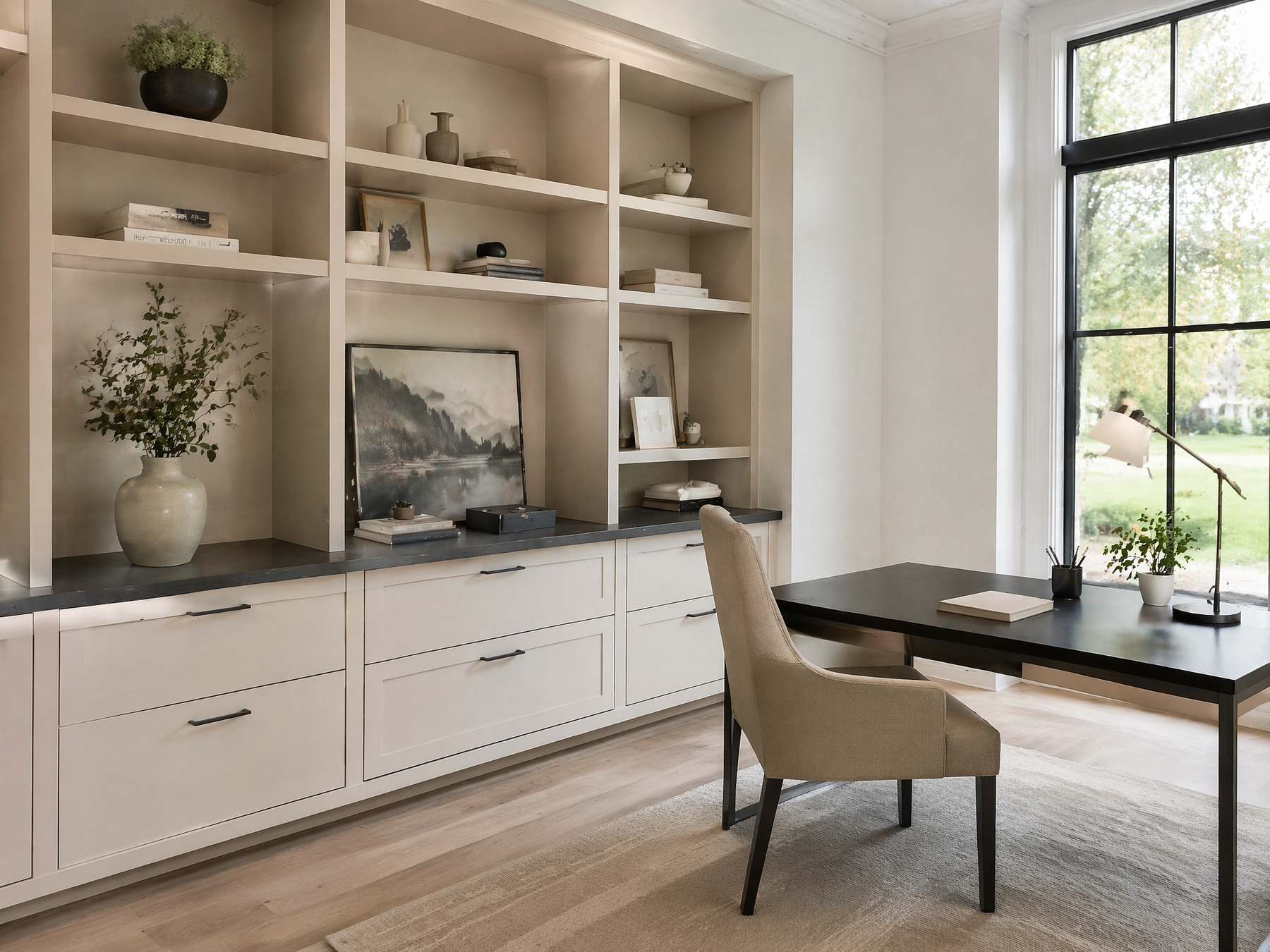 A modern home office interior featuring a large built-in shelving unit with cream cabinets, open shelves, and a dark countertop, alongside a beige upholstered desk chair and a black writing desk near a large black-framed window.