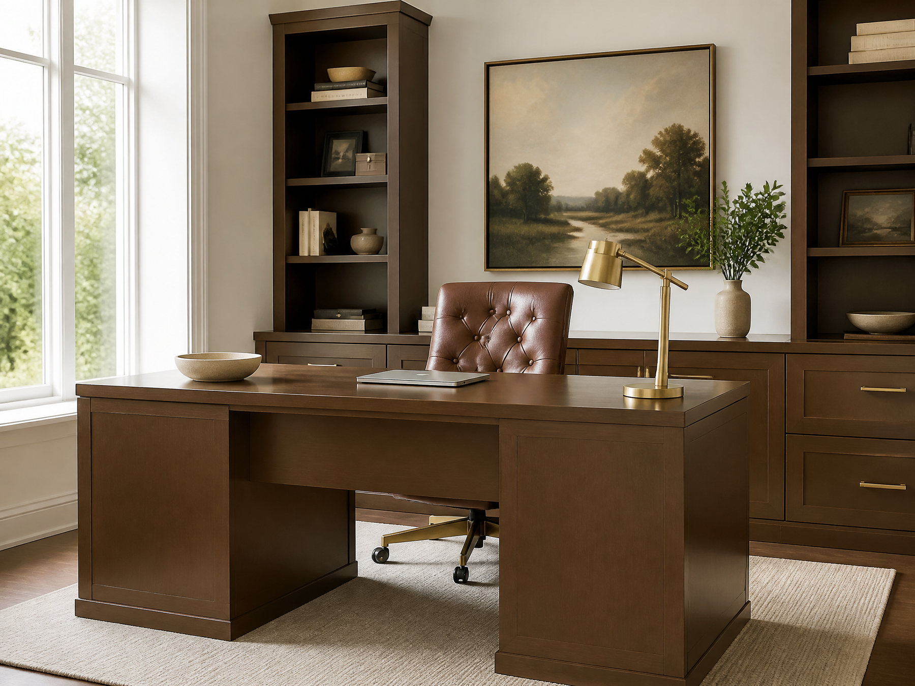 A dark brown wooden writing desk in a home office setting, paired with a brown leather tufted office chair. The room features matching dark wood shelving, a gold desk lamp, and a framed landscape painting on the wall.