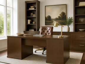 A dark brown wooden writing desk in a home office setting, paired with a brown leather tufted office chair. The room features matching dark wood shelving, a gold desk lamp, and a framed landscape painting on the wall.