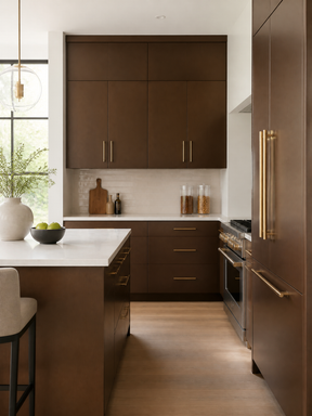 A modern kitchen featuring dark brown cabinetry with slim gold handles, a white countertop, light wood flooring, and stainless steel appliances including a built-in refrigerator and oven.