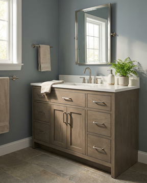 Modern bathroom with a medium wood vanity, white countertop, brushed nickel fixtures, and blue-gray walls.