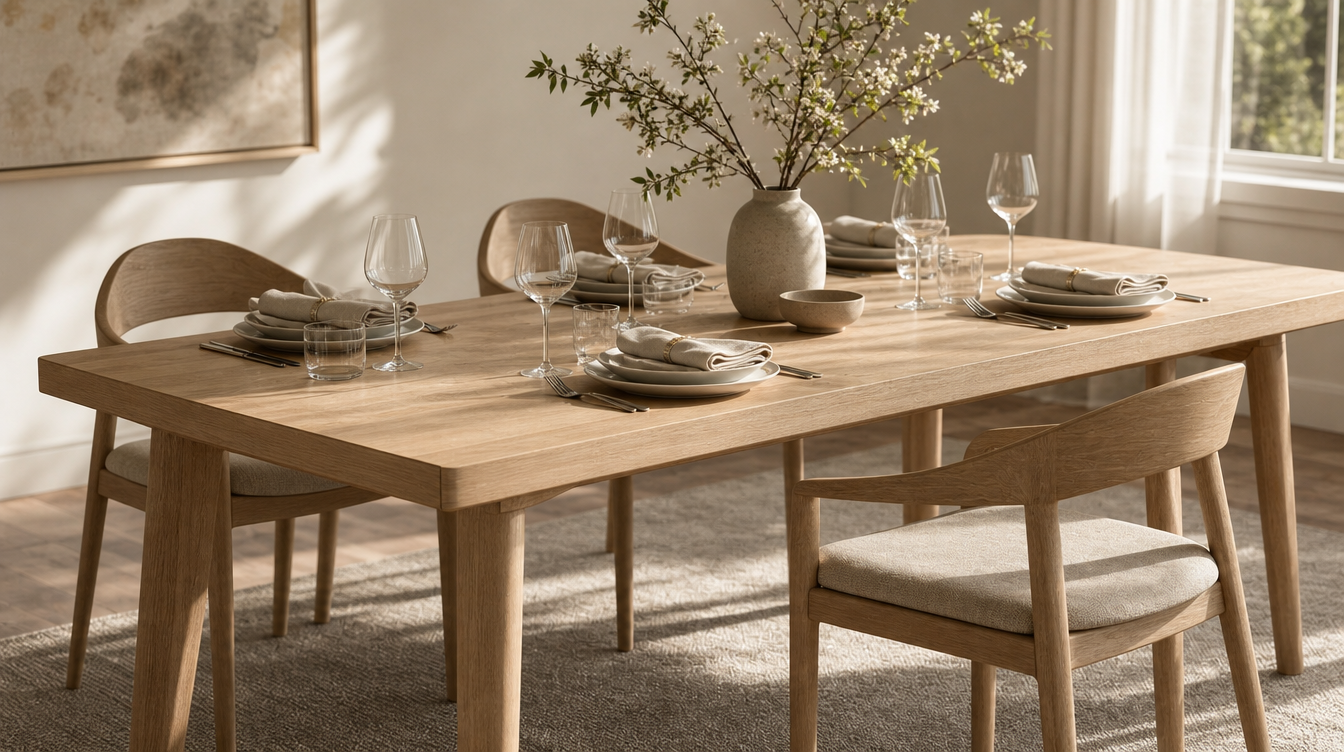 A light oak dining table set with four matching wooden chairs, place settings, and a ceramic vase of branches in the center, photographed in a bright dining room.