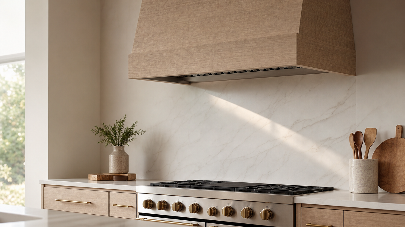 A modern kitchen scene featuring a large wood-look range hood mounted above a stainless steel gas cooktop. The kitchen has light wood cabinetry, a white marble backsplash, and natural sunlight casting shadows across the wall.