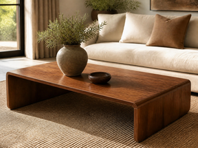 Dark walnut coffee table styled with a ceramic vase and bowl in a warm, neutral living room.