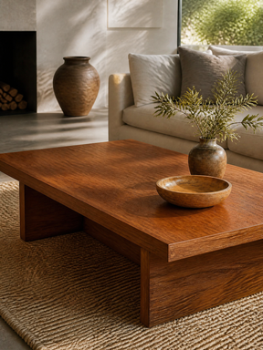 A rectangular wooden coffee table with a warm medium-brown finish and block legs, styled in a modern living room with a woven rug, a beige sofa, and decorative vases.