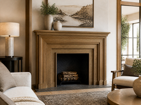 Traditional living room with a warm wood fireplace mantel, black herringbone firebox, landscape artwork, and neutral seating.