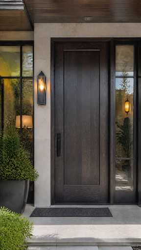 Modern dark wood front door with black-framed sidelights, outdoor lanterns, and potted greenery.