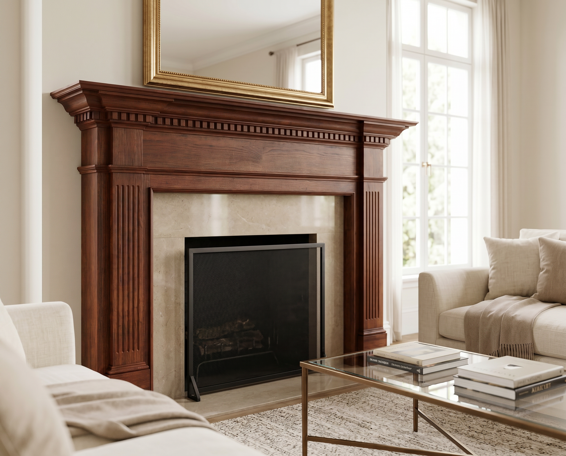 Traditional living room with an ornate dark wood fireplace mantel, large gold-framed mirror, and neutral sofas.