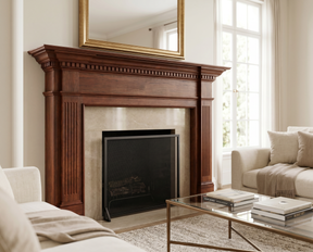 Traditional living room with an ornate dark wood fireplace mantel, large gold-framed mirror, and neutral sofas.